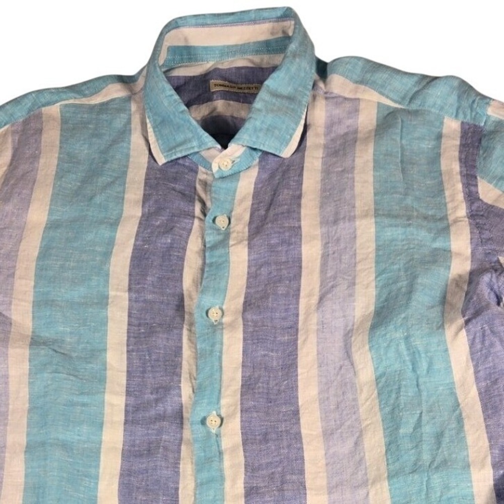 Tommaso Mezzetti Mens Xxl Blue Turquoise Striped Linen Button Dwn Shirt Long Slv View 2